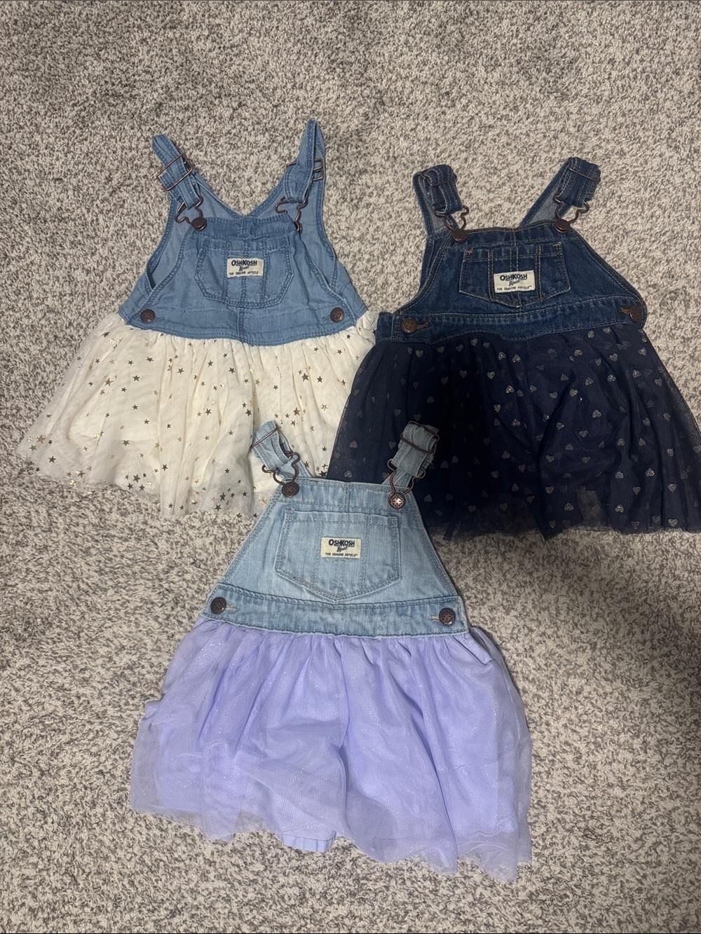 3 OshKosh B'gosh Denim Tutu Overalls in Light Blue, Dark Blue, White, Lavender